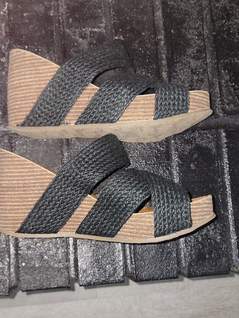Black Woven Strap Wedge Sandals - Women's Slip-On - Picture 6 of 9